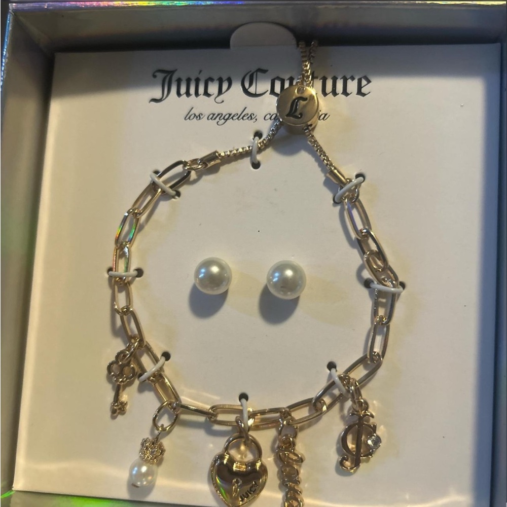 Juicy Couture Gold Charm Bracelet with Pearl Earrings